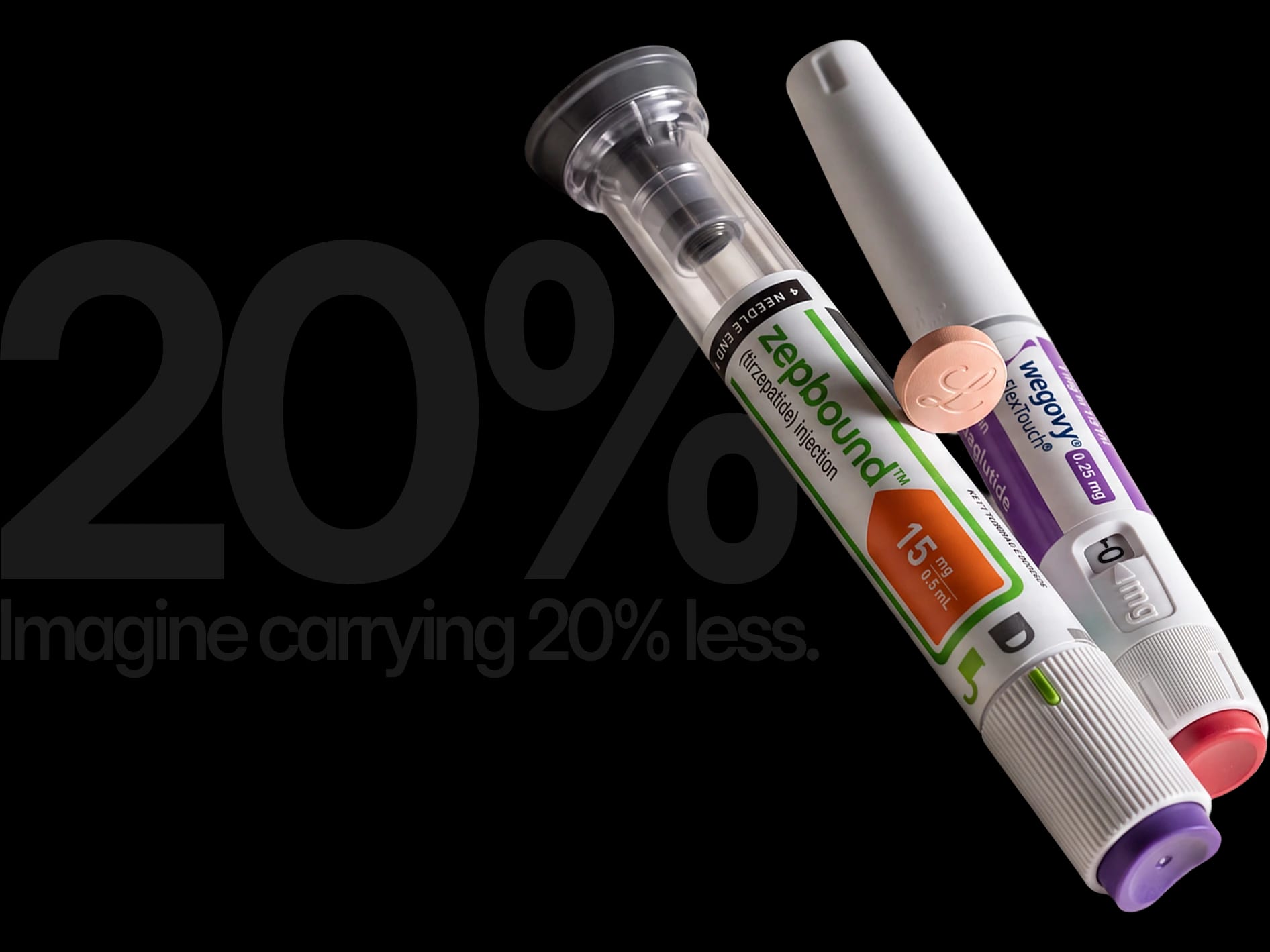 A Zepbound® pen and a Wegovy® FlexTouch® pen leaning together beside the words: imagine carrying 20% less
