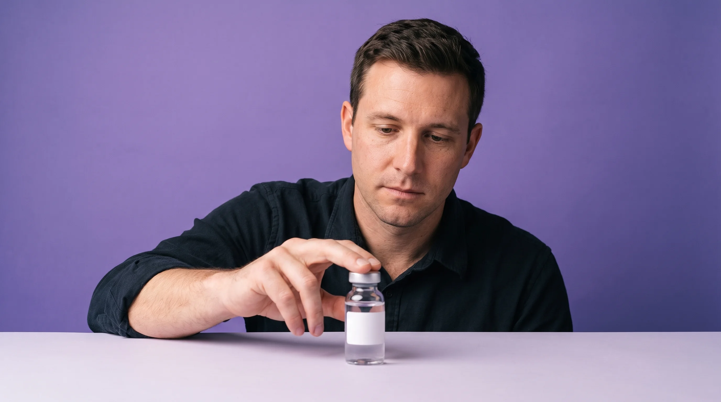 A man setting the vial down, two fingers still resting on it