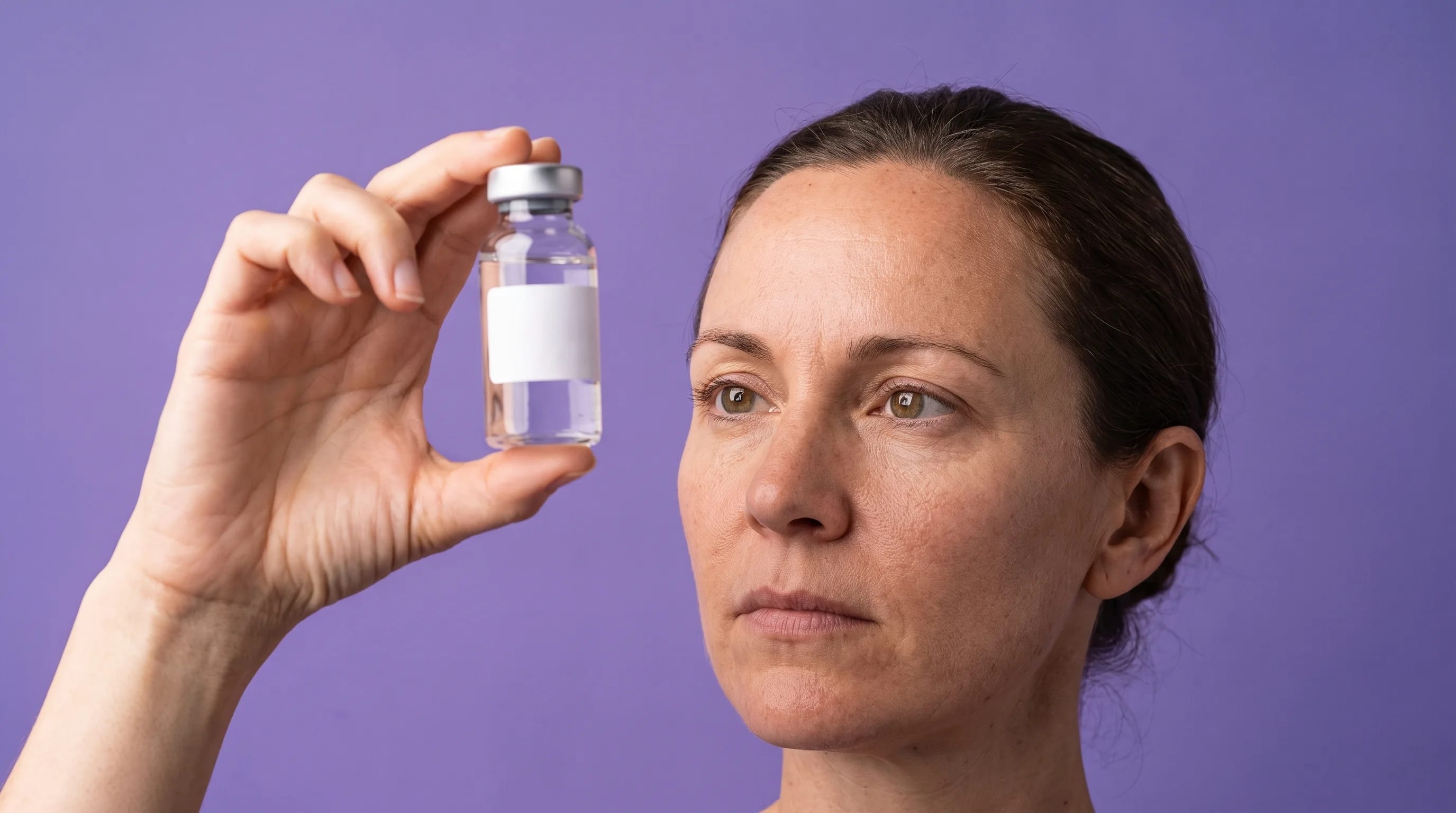 A woman holding the vial up to the light and turning it