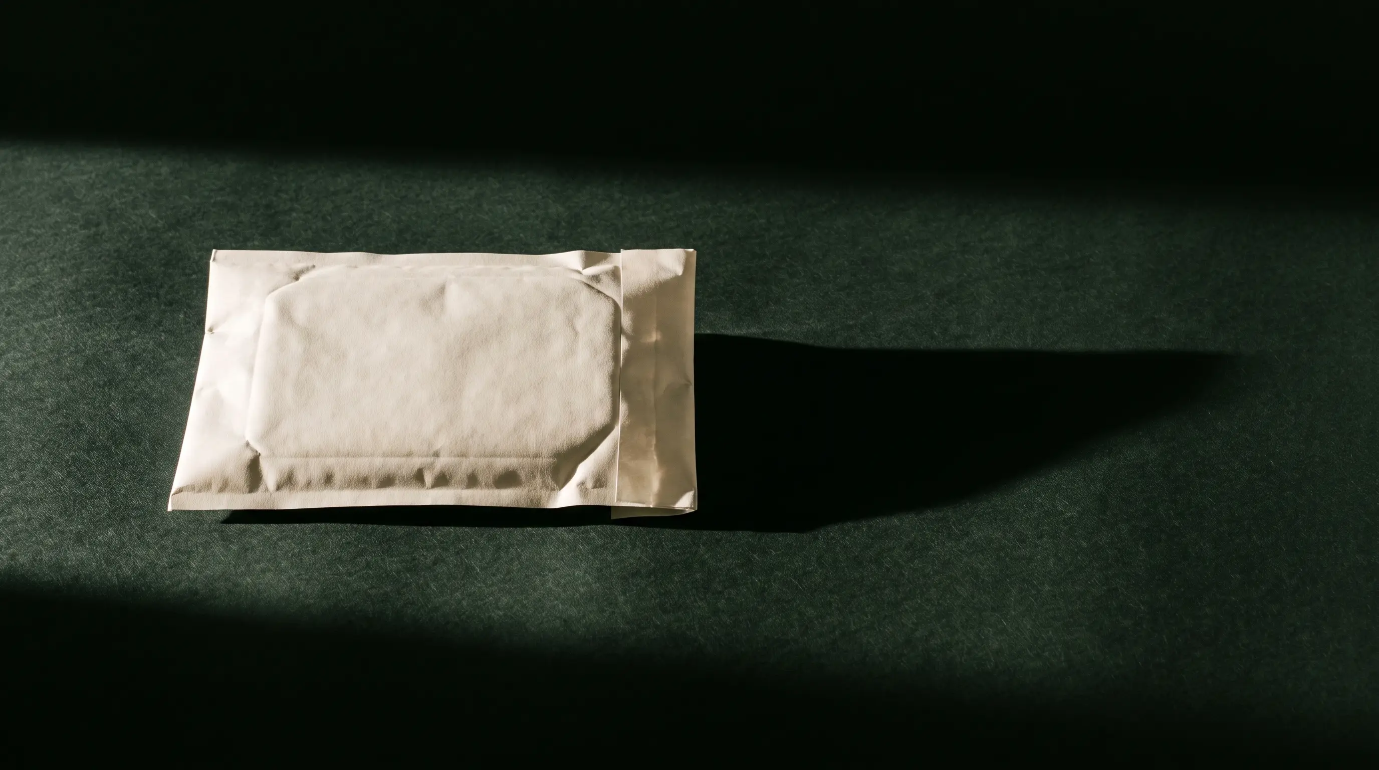 A plain unmarked mailer on a dark ground, throwing a long hard shadow.
