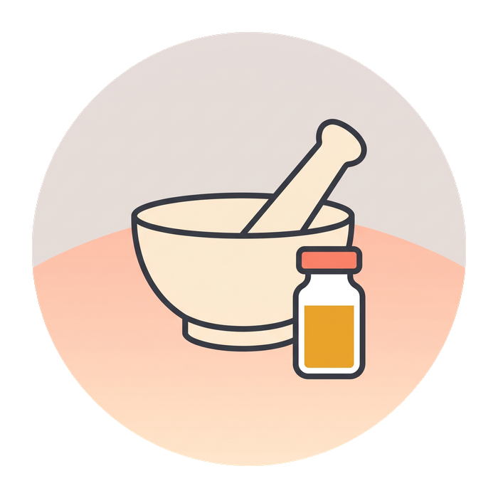 Diagram: a mortar and pestle beside a vial — the compounding pharmacy