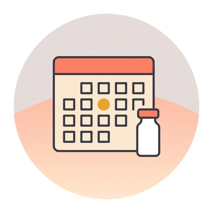 Diagram: a calendar with one day marked, beside a vial
