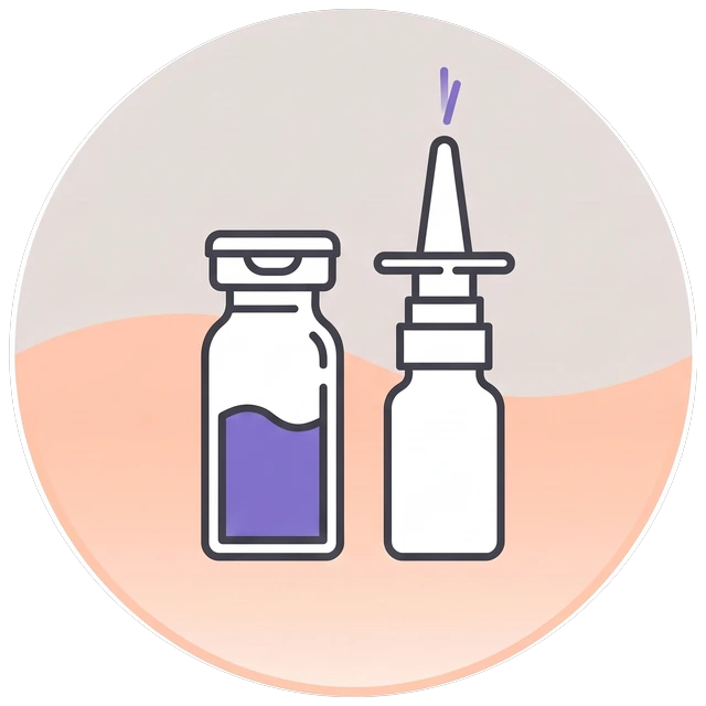 Mark: a vial and a nasal spray bottle standing side by side