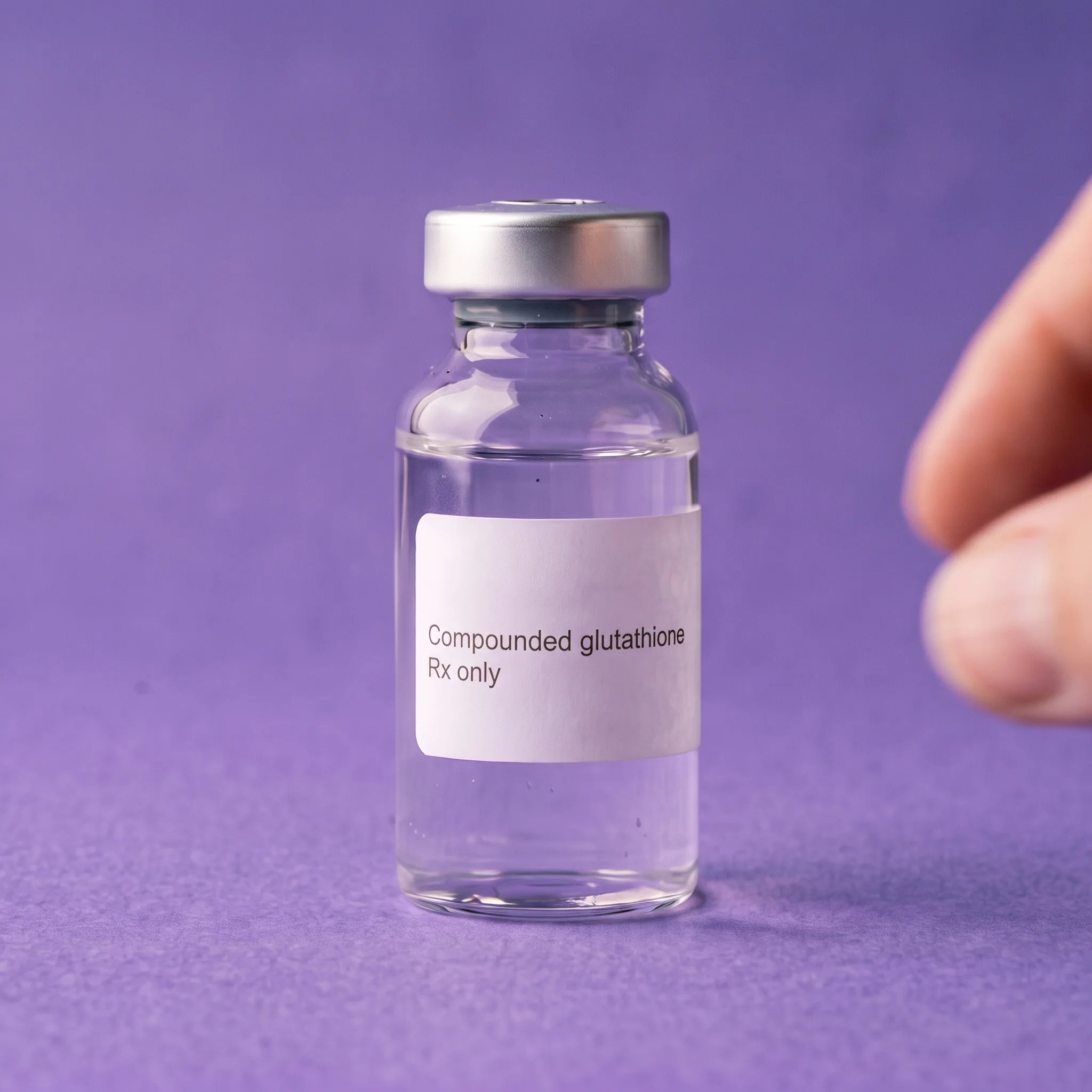 A vial labelled Compounded glutathione, Rx only, standing on iris paper