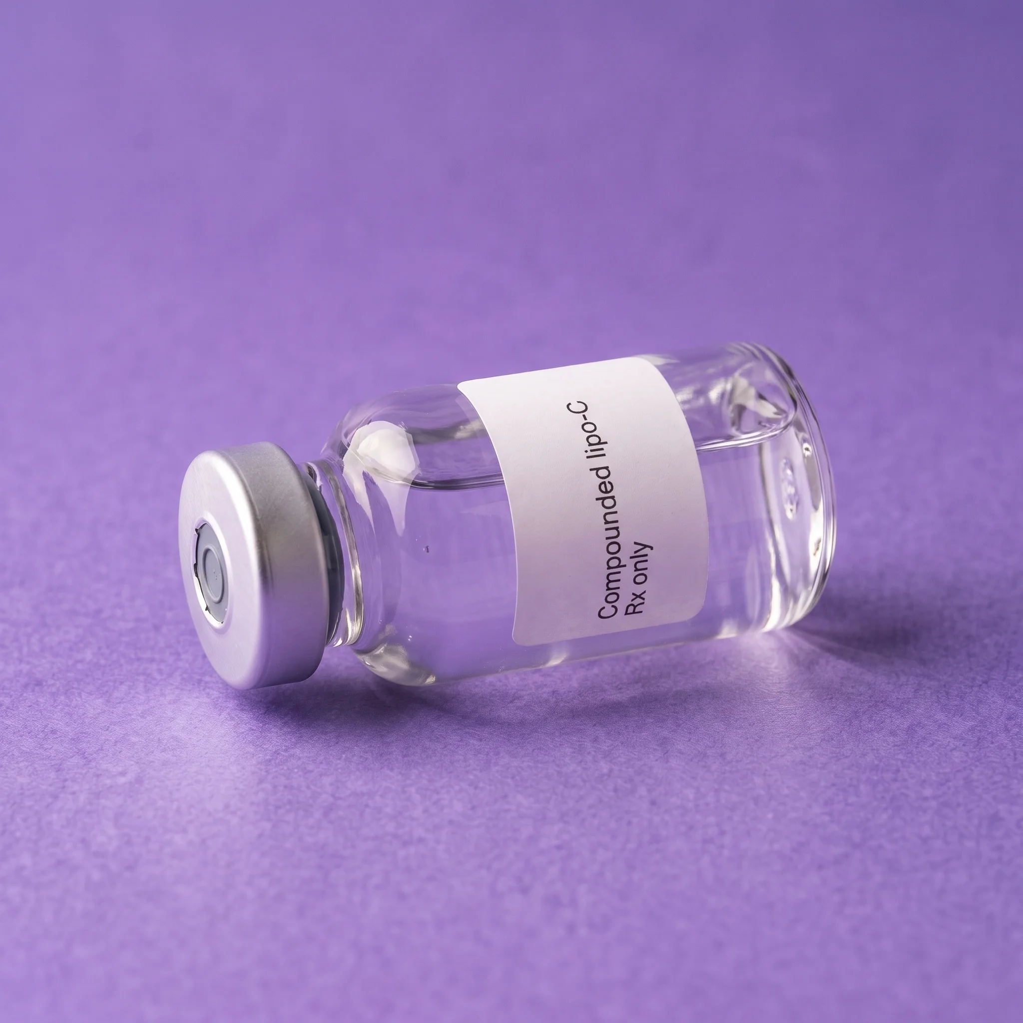 A vial labelled Compounded lipo-C, Rx only, lying on its side on iris paper