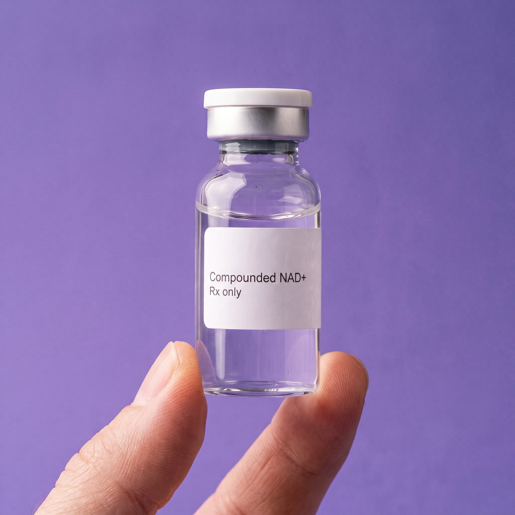 A vial labelled Compounded NAD+, Rx only, pinched upright between two fingertips on iris paper
