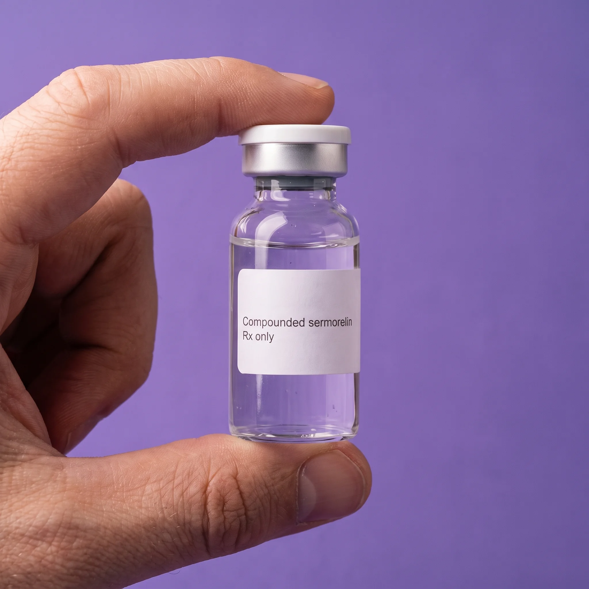 A vial labelled Compounded sermorelin, Rx only, held upright between finger and thumb