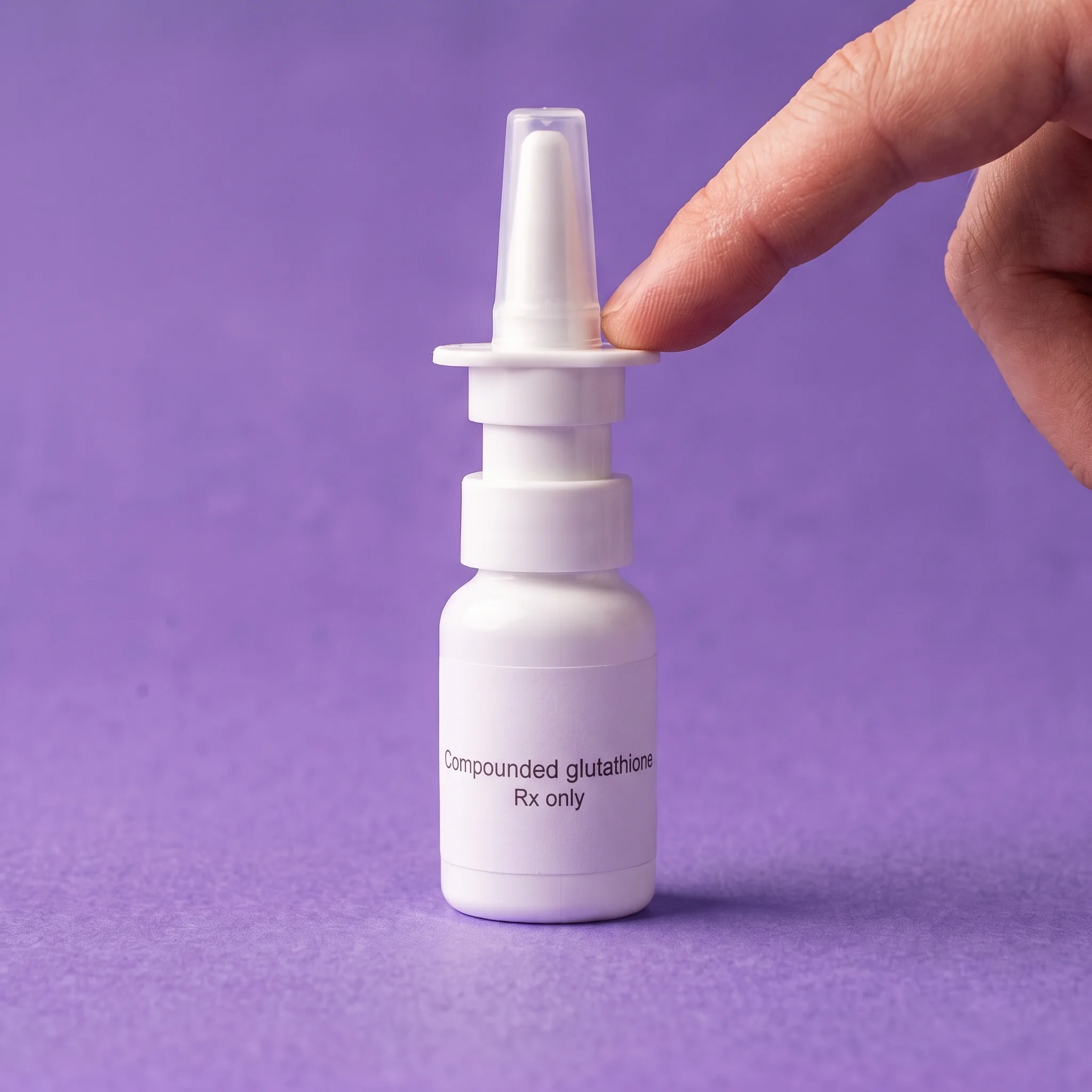 A finger resting on the actuator of a white sprayer labelled Compounded glutathione, Rx only