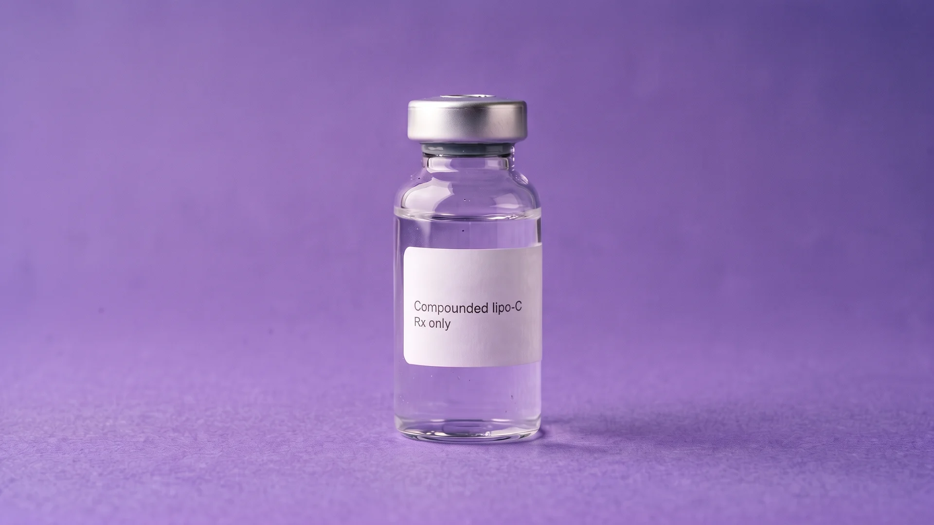 A clear glass vial labelled Compounded lipo-C, Rx only, standing on iris paper