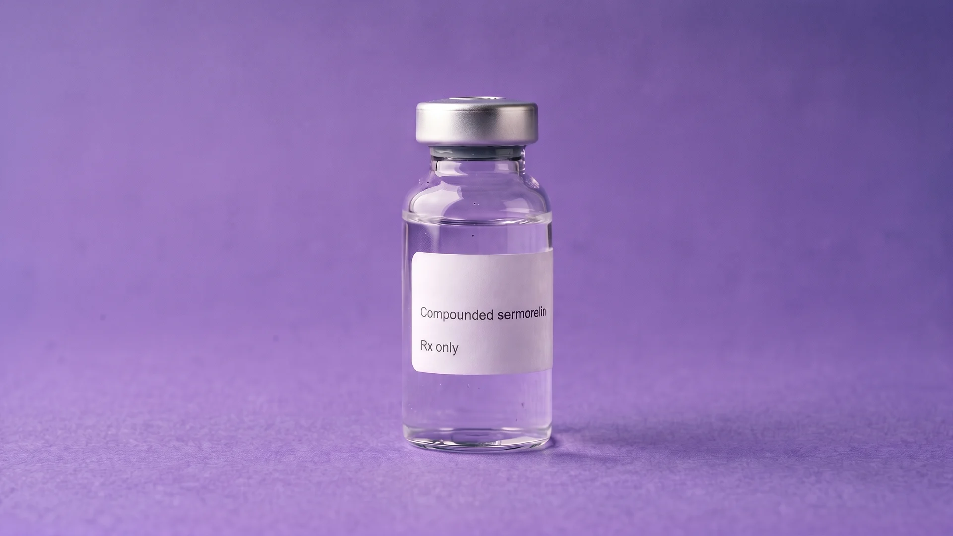A clear glass vial labelled Compounded sermorelin, Rx only, standing on iris paper