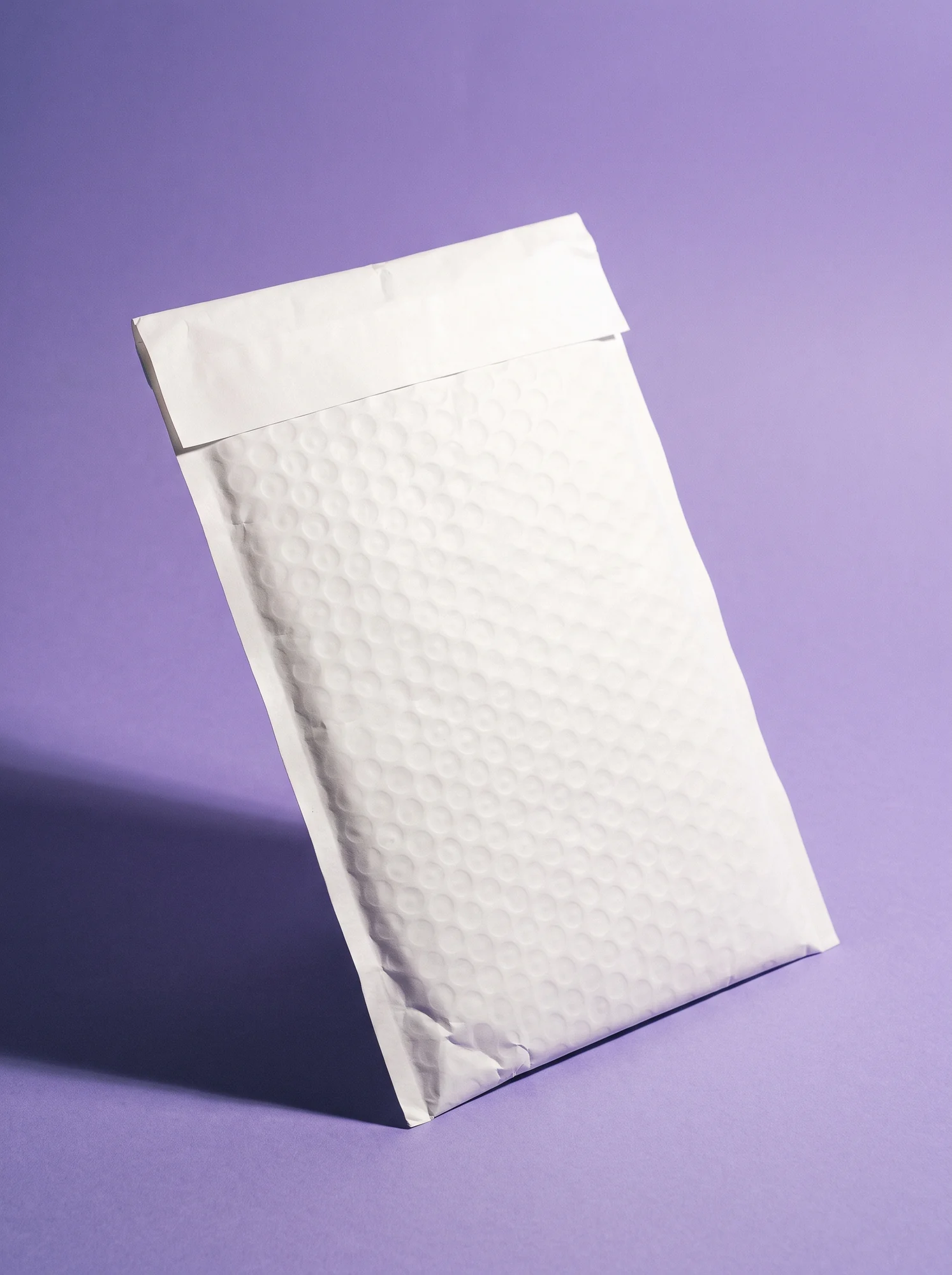 A sealed, unlabelled padded mailer standing at an angle on iris paper