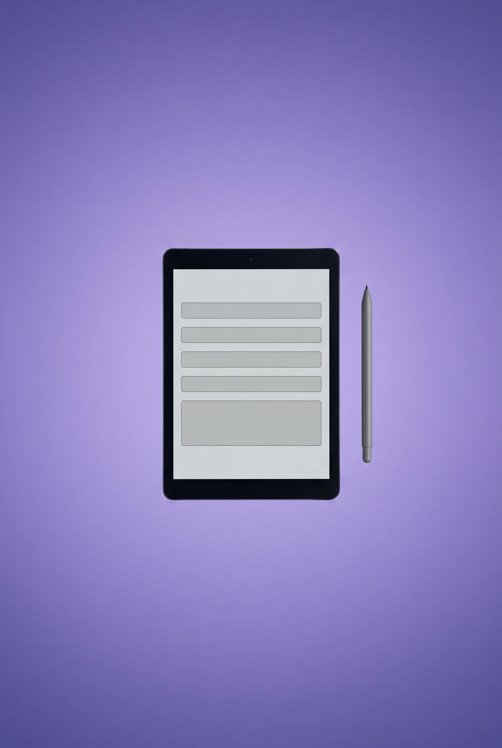 A tablet and a pen floating on an iris ground, an anonymous blank visit form on the screen