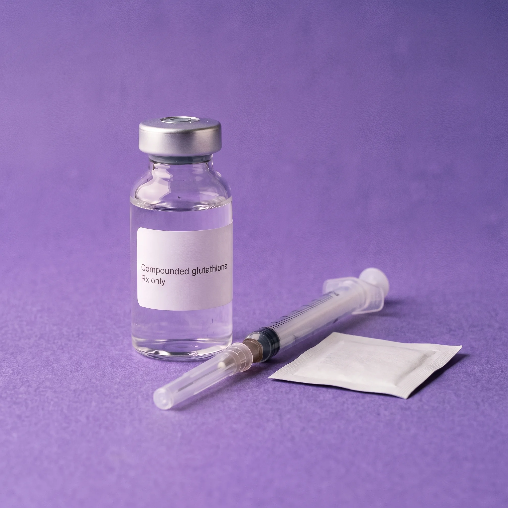 The vial beside a capped syringe and a sealed alcohol swab on iris paper