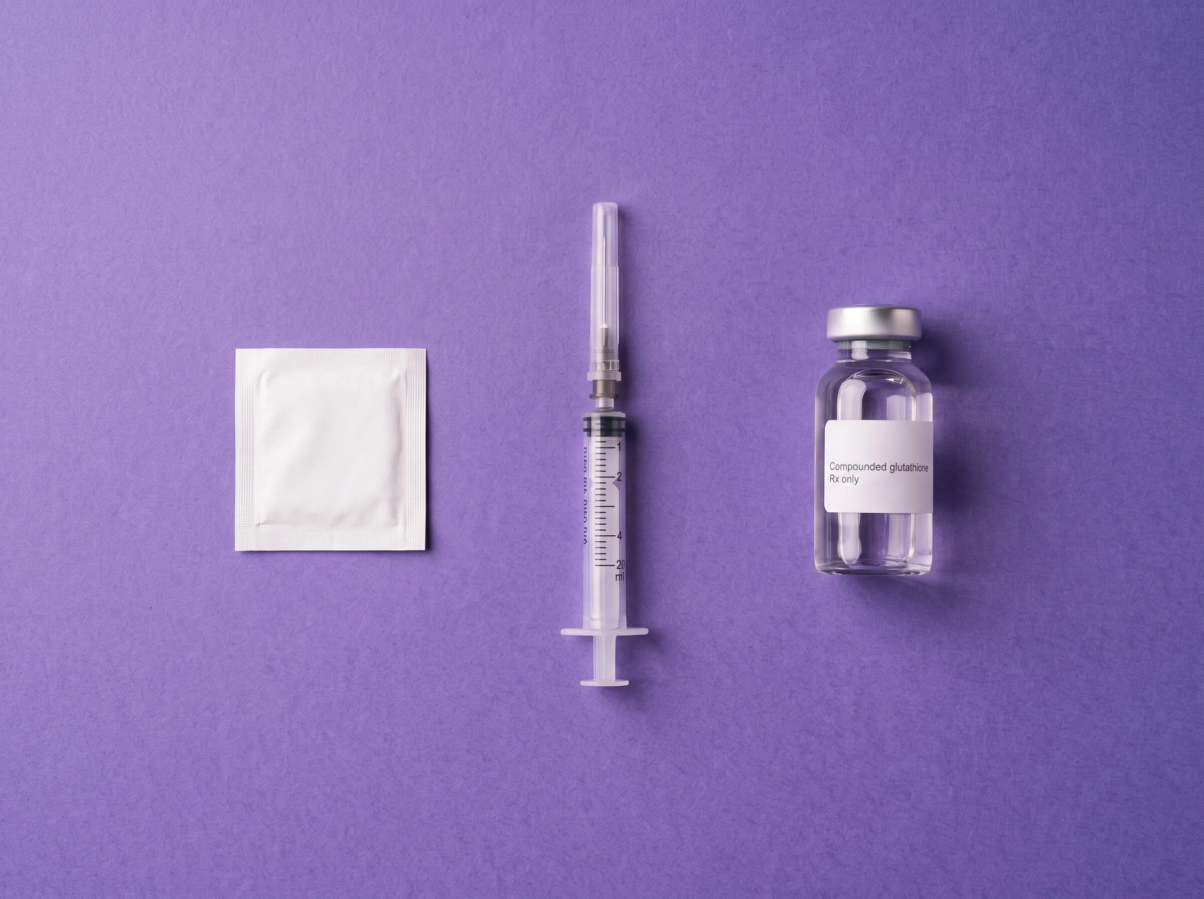 A sealed swab, a capped syringe and the Compounded glutathione vial, laid out overhead on iris paper in the order they are used