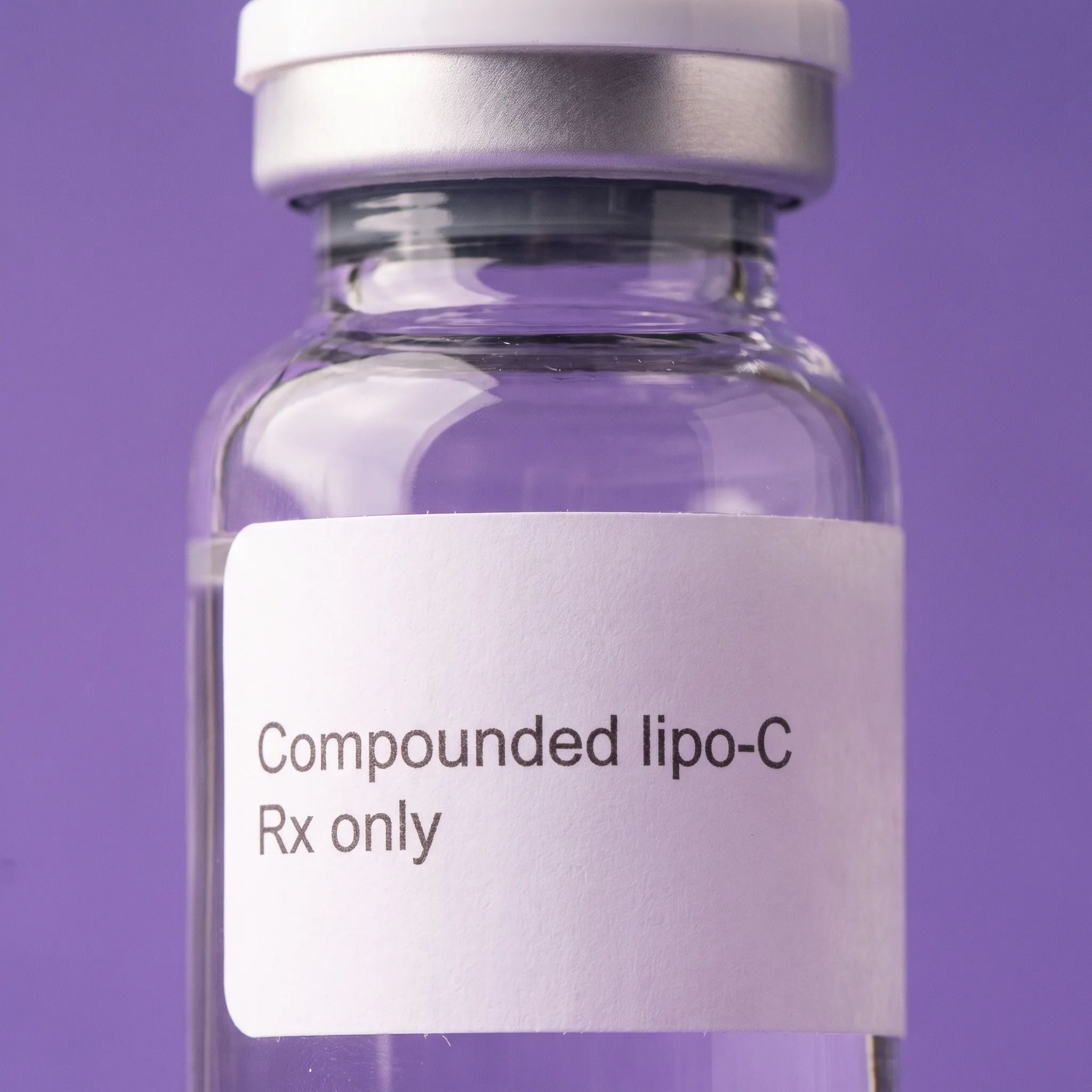 Macro detail of the plain white label, reading Compounded lipo-C above Rx only