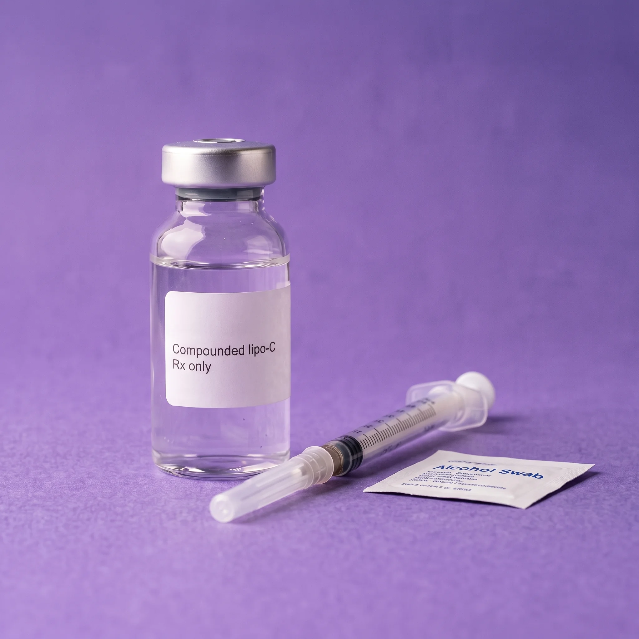 The vial beside a capped syringe and a sealed alcohol swab on iris paper