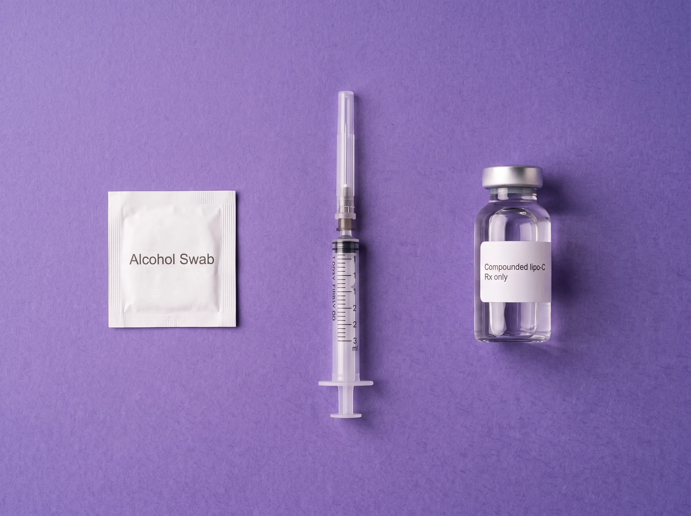 A sealed swab, a capped syringe and the Compounded lipo-C vial, laid out overhead on iris paper in the order they are used