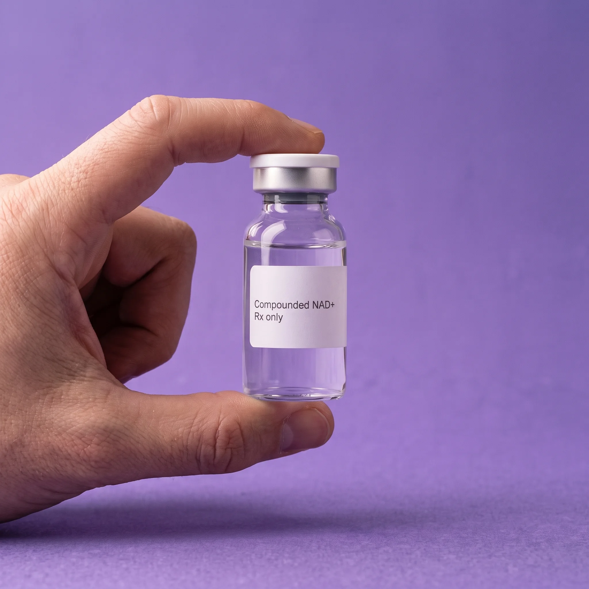 A hand holding a clear glass vial labelled Compounded NAD+, Rx only, against iris paper