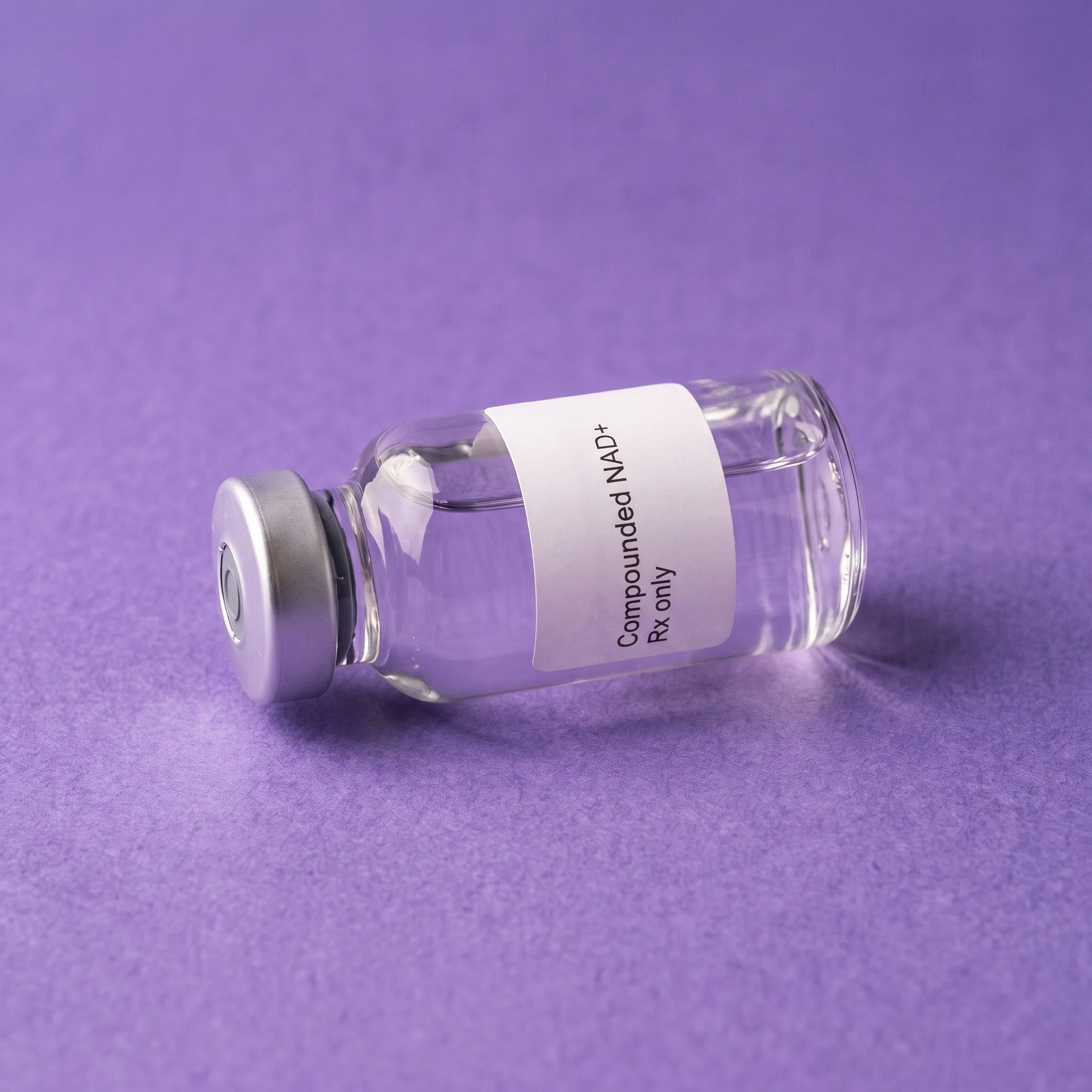 The Compounded NAD+ vial laid on its side on iris paper