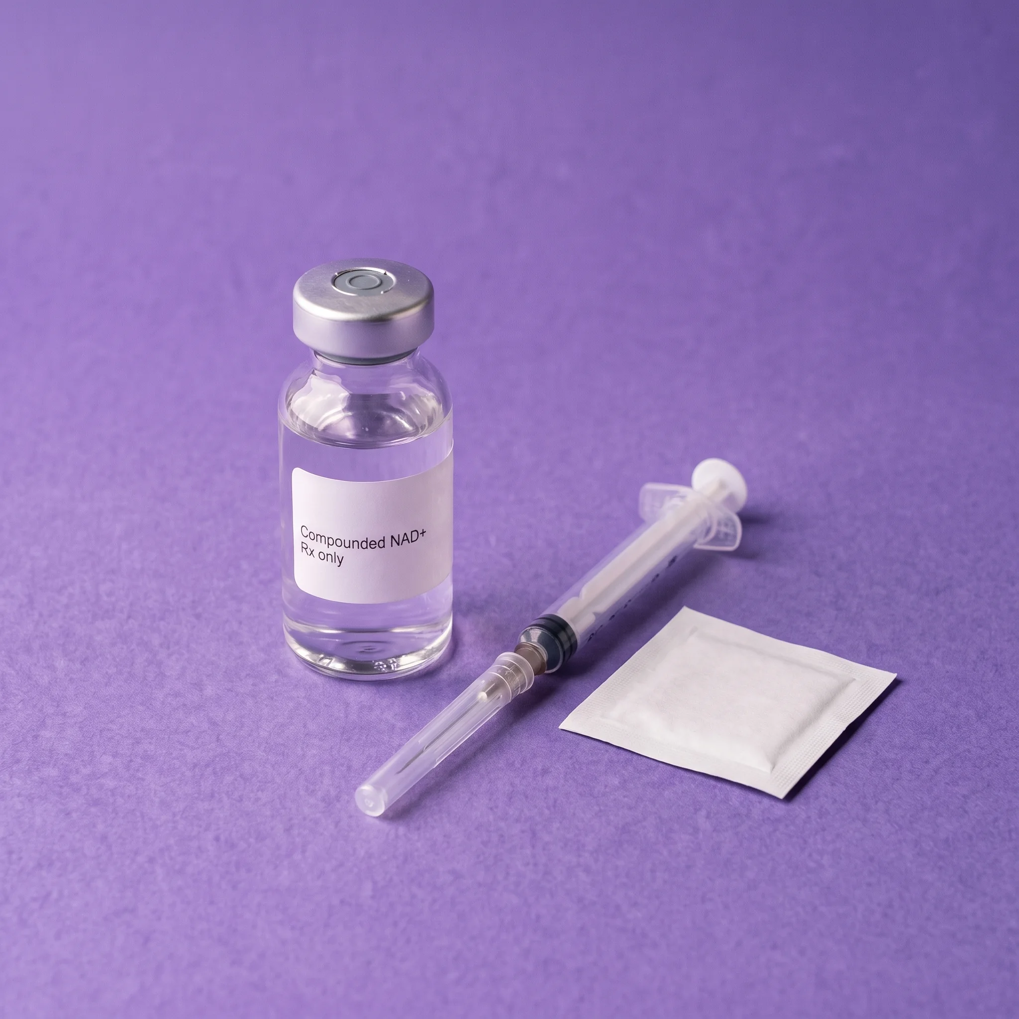 The vial beside a capped syringe and a sealed alcohol swab on iris paper