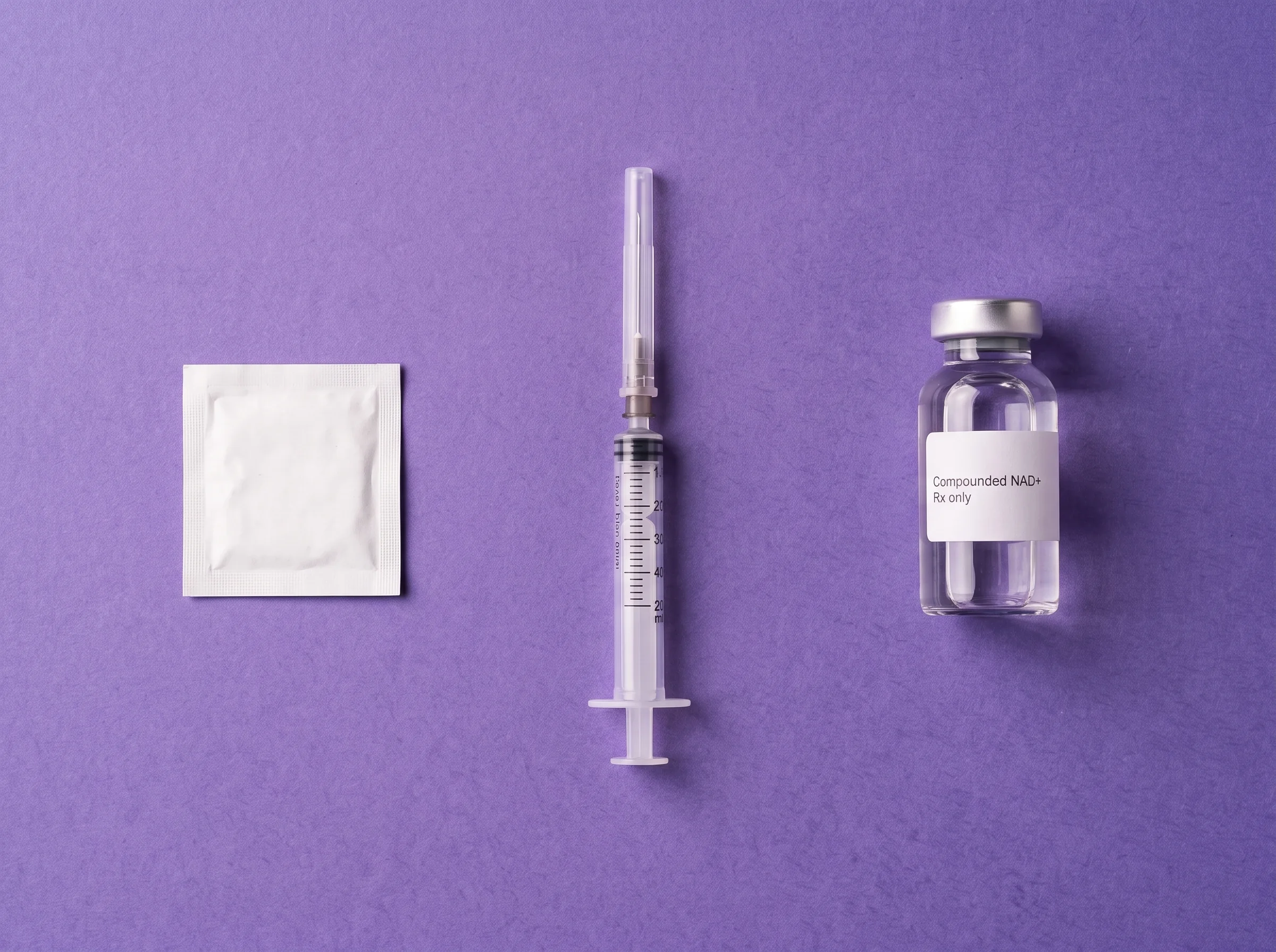 A sealed swab, a capped syringe and the Compounded NAD+ vial, laid out overhead on iris paper in the order they are used
