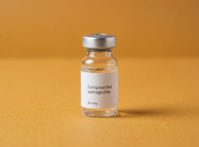 A vial of compounded semaglutide standing on amber seamless