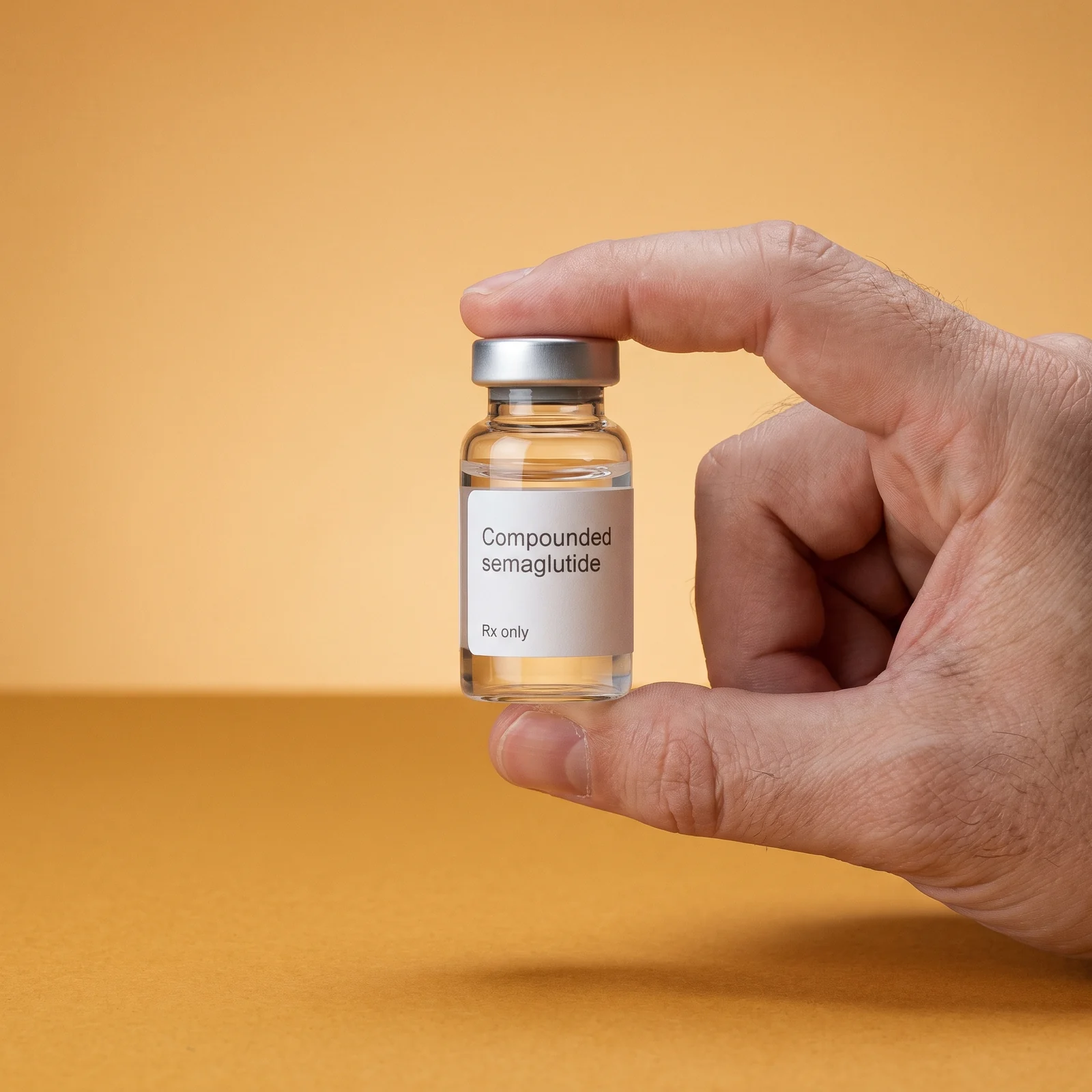 A hand holding a clear glass vial of compounded semaglutide against amber seamless paper