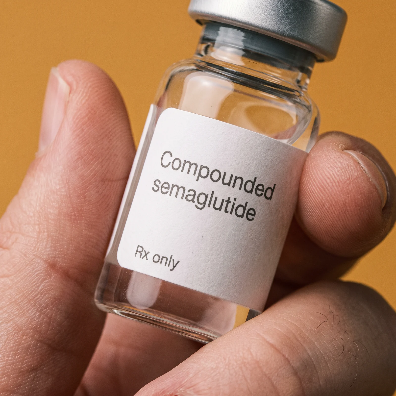 A macro of the same vial in the hand, the label filling the frame