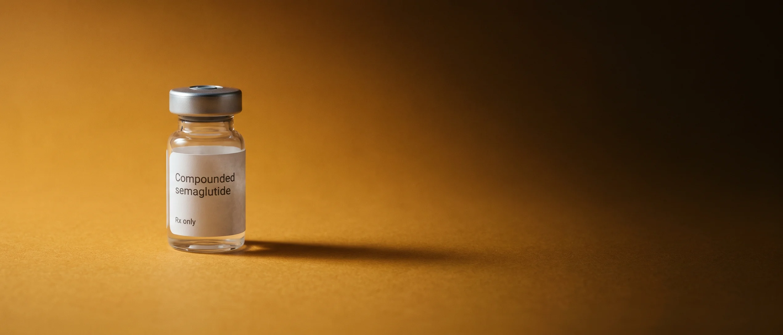 A single vial of compounded semaglutide small in a wide amber frame, the ground falling into shadow