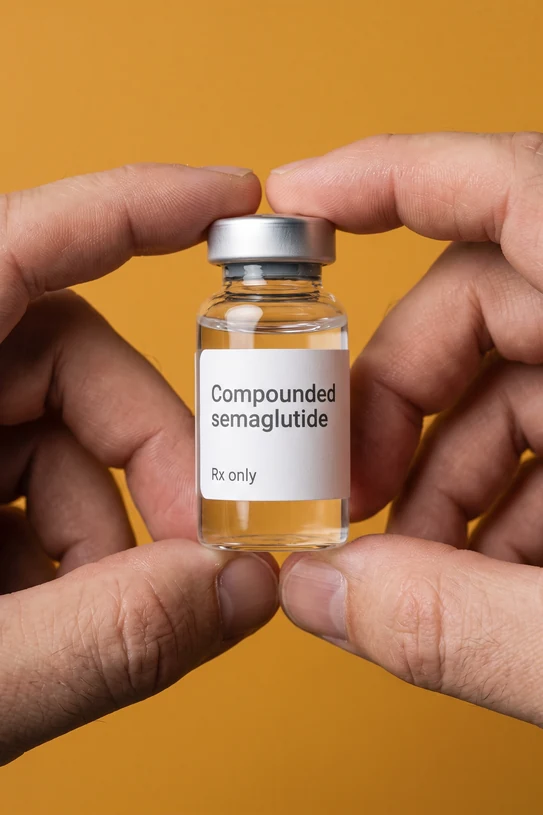Two hands holding the compounded semaglutide vial upright on amber seamless