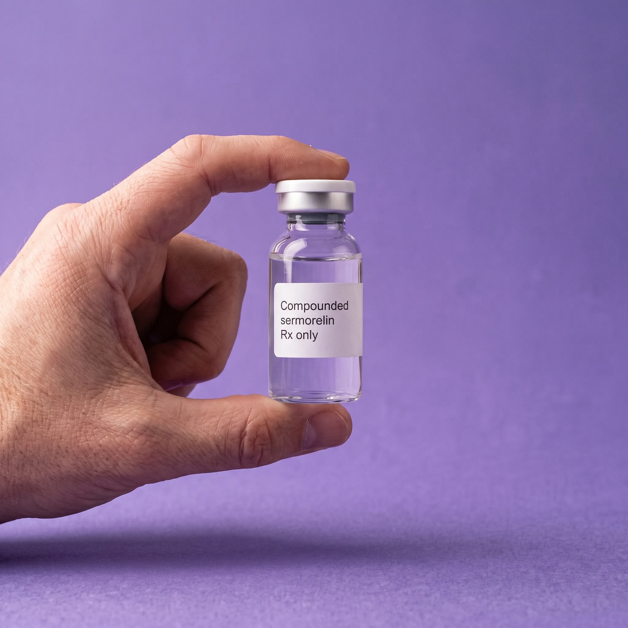 A hand holding a clear glass vial labelled Compounded sermorelin, Rx only, against iris paper