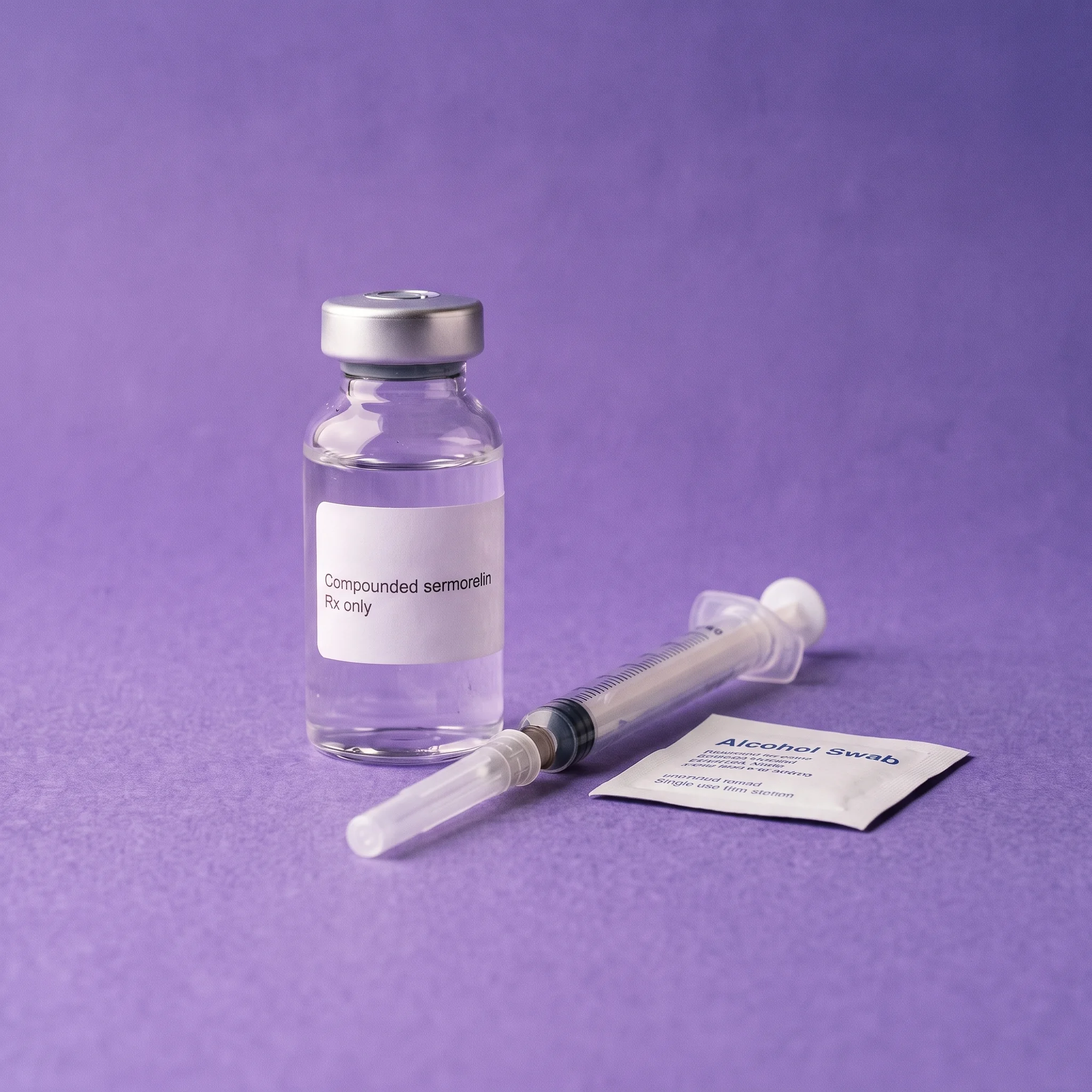 The vial beside a capped syringe and a sealed alcohol swab on iris paper
