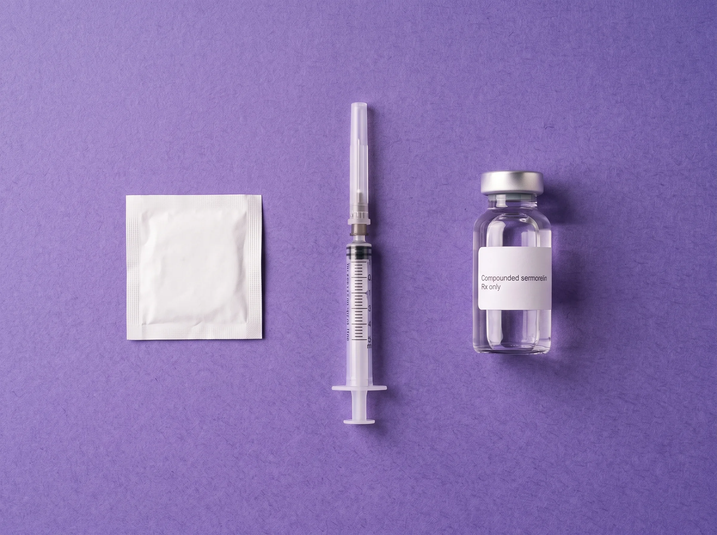 A sealed swab, a capped syringe and the Compounded sermorelin vial, laid out overhead on iris paper in the order they are used