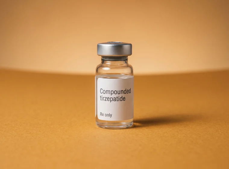 A vial of compounded tirzepatide standing on amber seamless