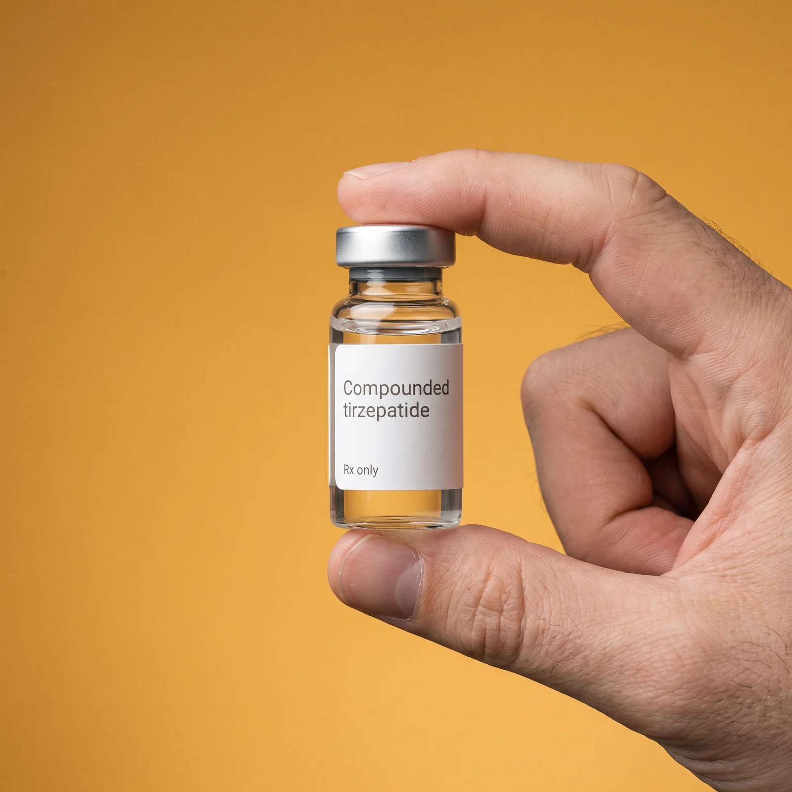 A hand holding a clear glass vial of compounded tirzepatide against amber seamless paper