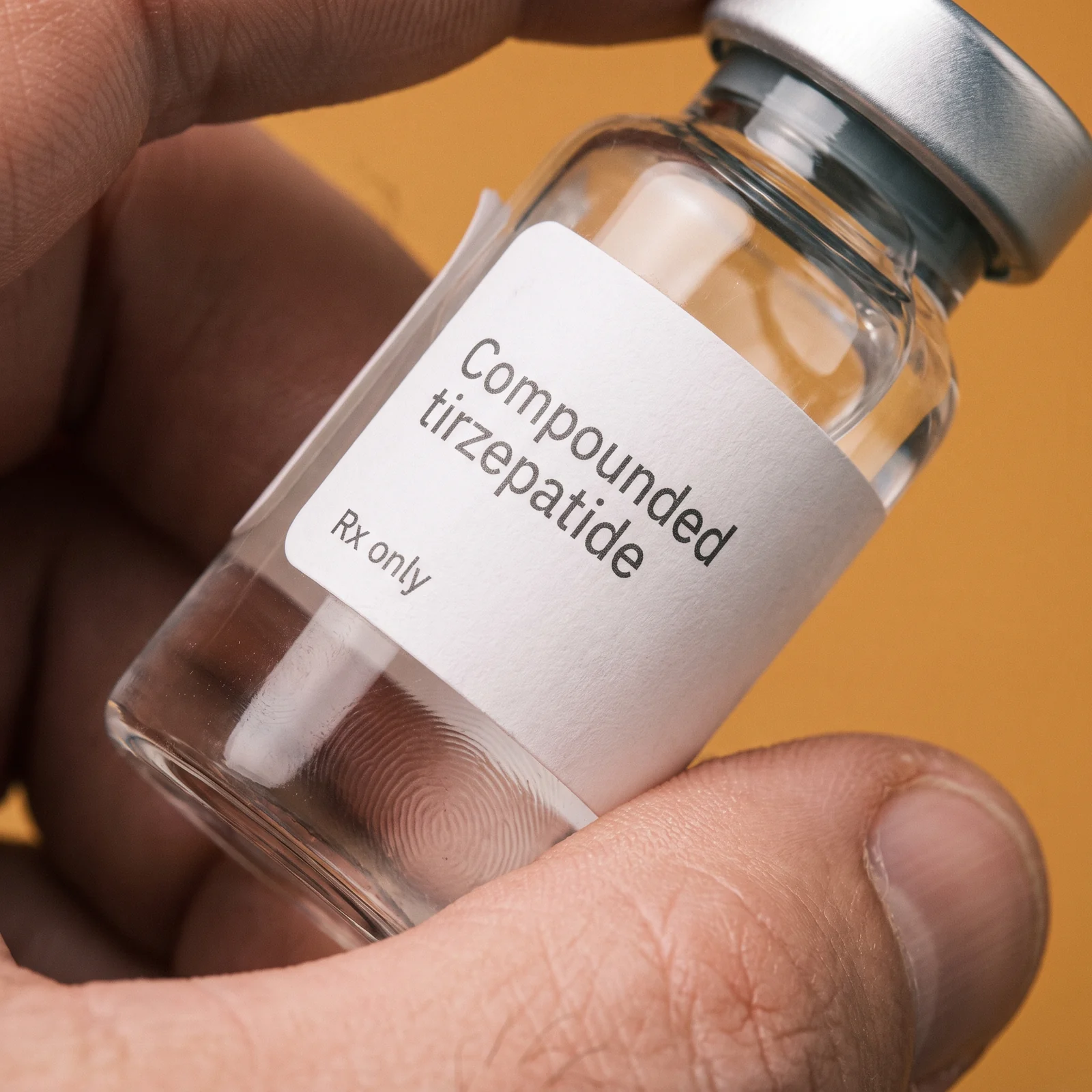 A macro of the same vial in the hand, the label filling the frame