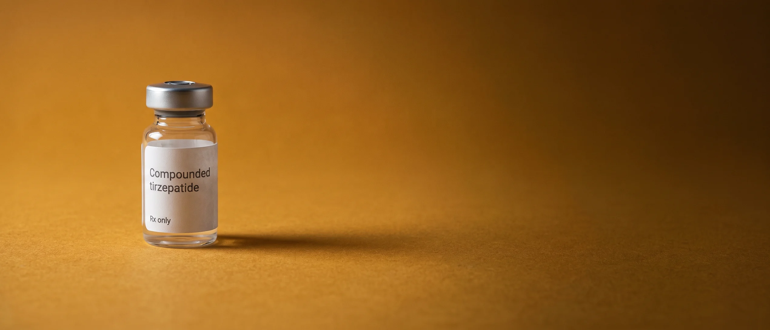 A single vial of compounded tirzepatide small in a wide amber frame, the ground falling into shadow