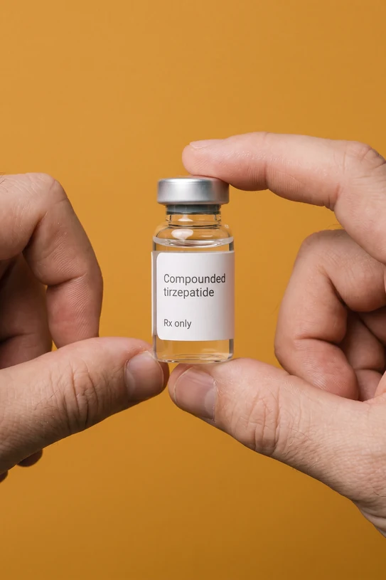 Two hands holding the vial upright on amber seamless