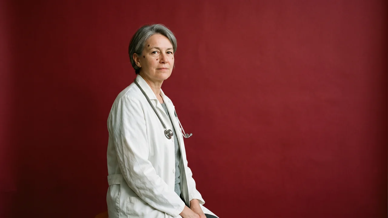 A clinician in her fifties in a white coat against oxblood paper, turned back to the lens
