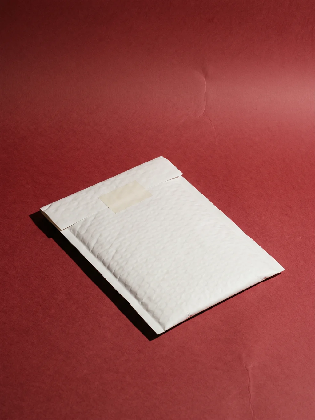 An unmarked padded mailer on oxblood paper, nothing printed on it anywhere