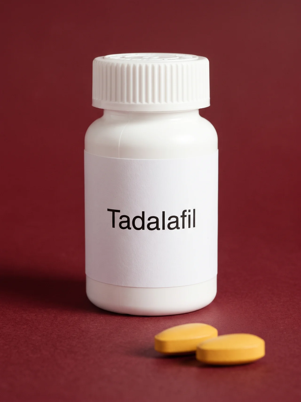 A plain white bottle labelled Tadalafil on oxblood paper, two unmarked tablets in the foreground