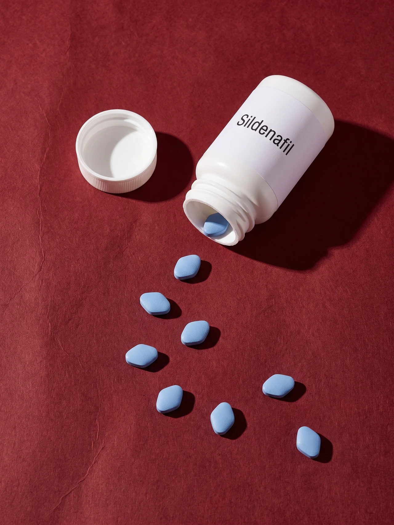 Overhead: a plain white bottle labelled Sildenafil on its side, unmarked blue tablets spilled in an arc