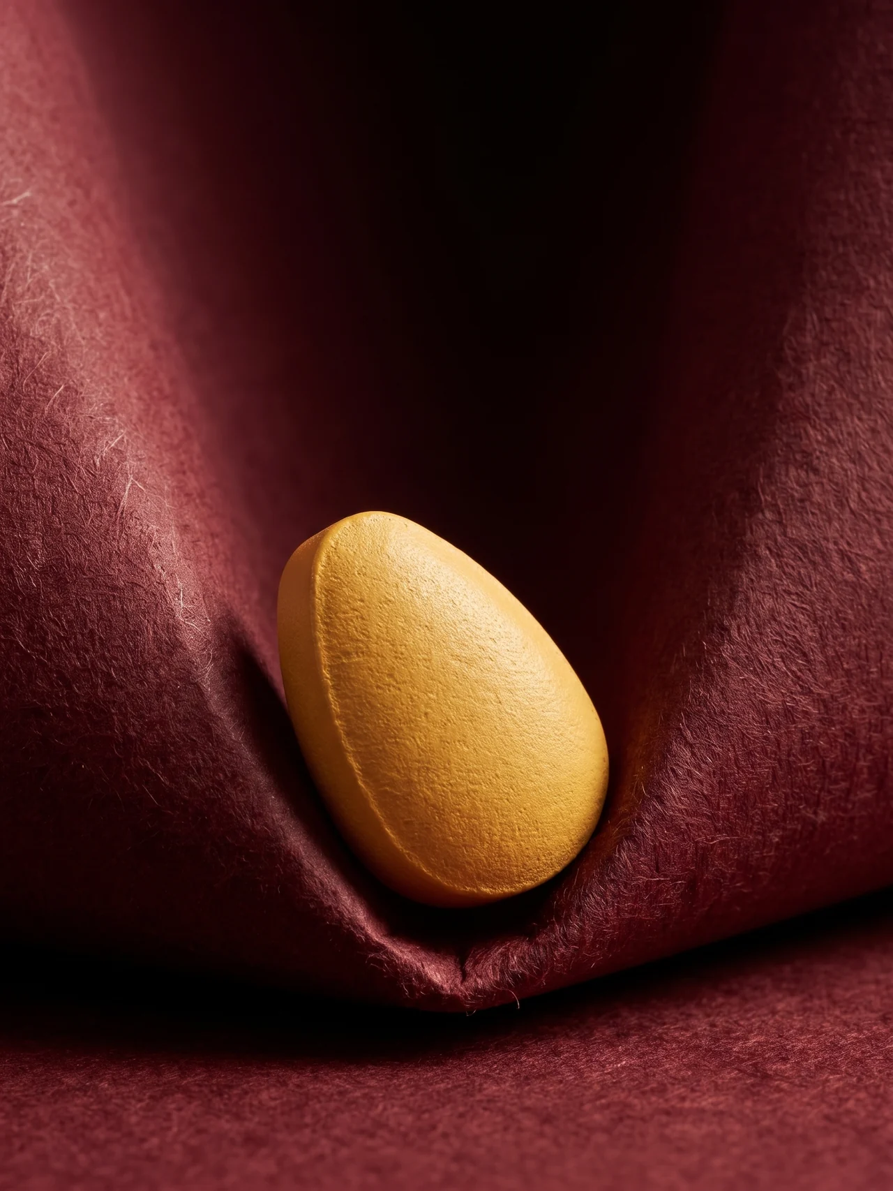 Macro: a single unmarked tadalafil tablet on edge in the trough of a paper fold