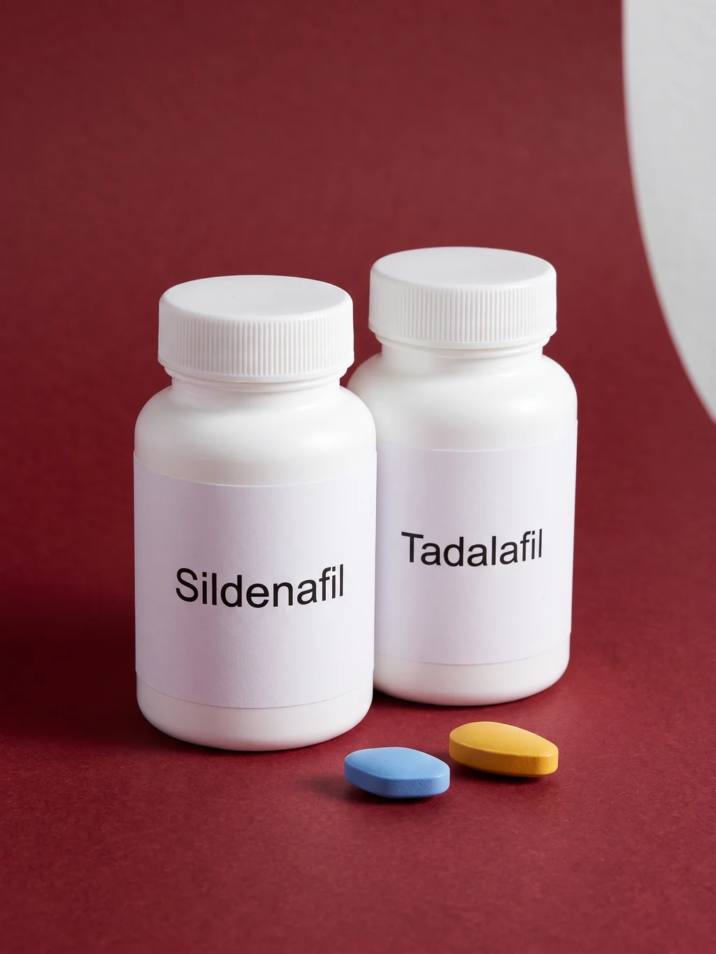 Two plain white bottles, one labelled Sildenafil and one Tadalafil, side by side on oxblood paper