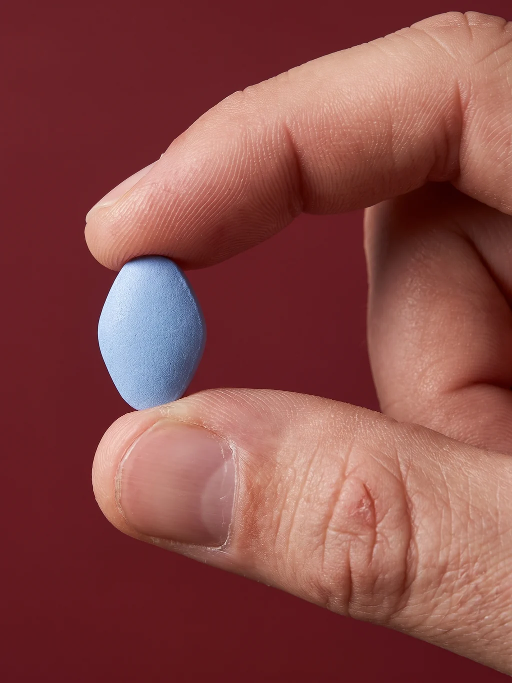 A single unmarked tablet held upright between finger and thumb