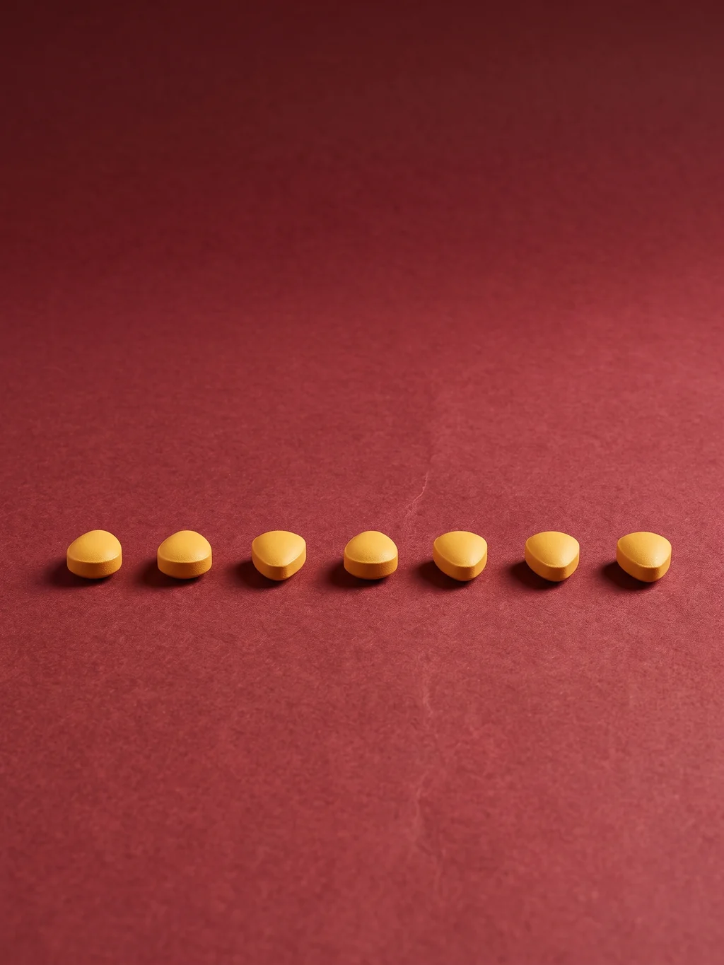 Seven identical unmarked tablets laid in one even row across oxblood paper — a week of them
