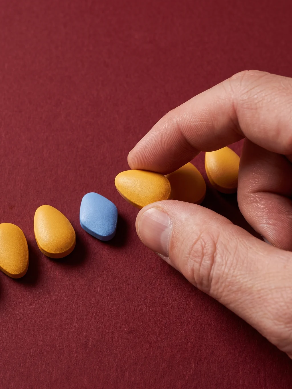 A hand lifting one unmarked tablet away from a short row on oxblood paper, another already in its place