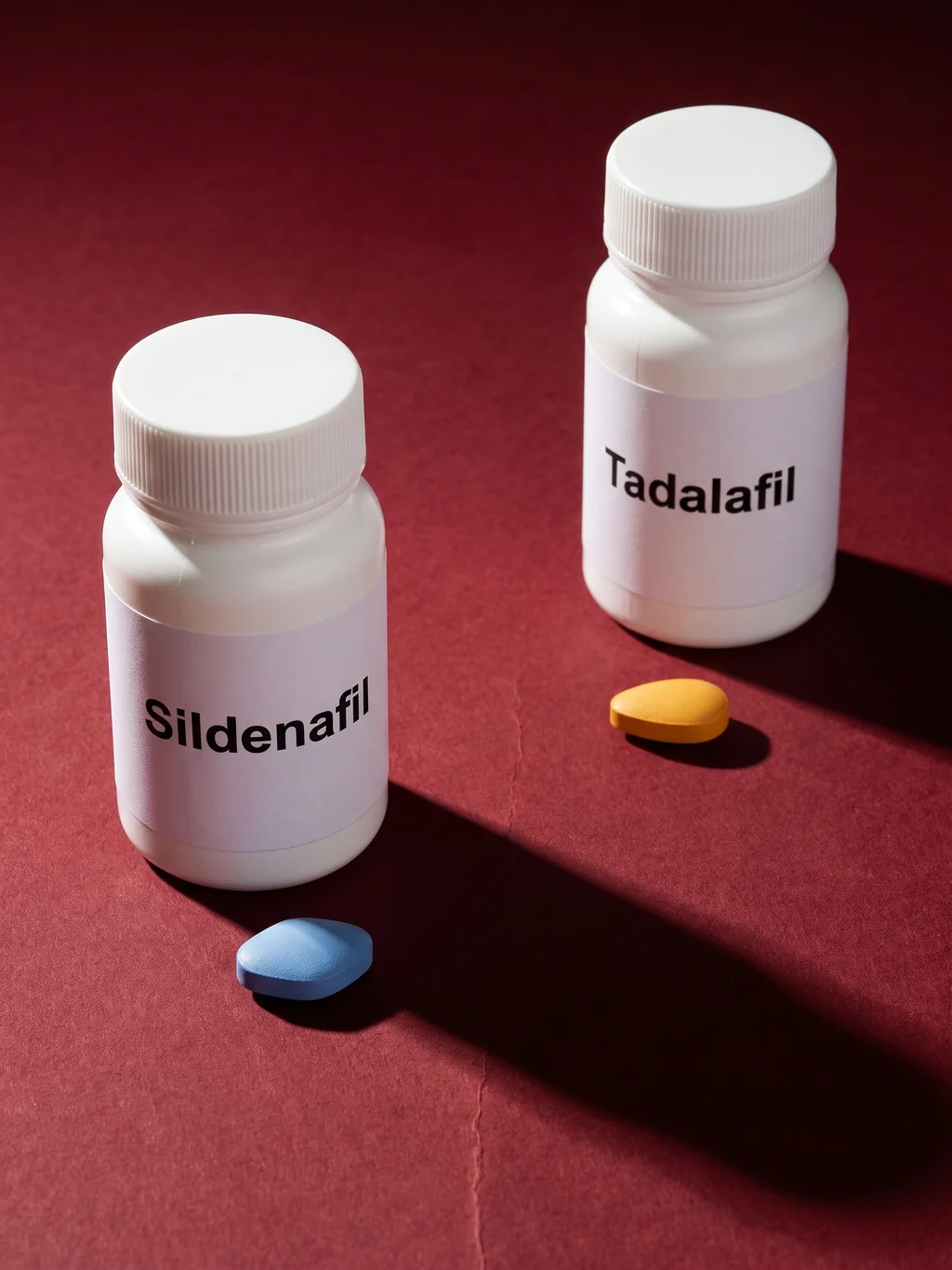The Sildenafil and Tadalafil bottles apart on oxblood paper, their long shadows nearly meeting