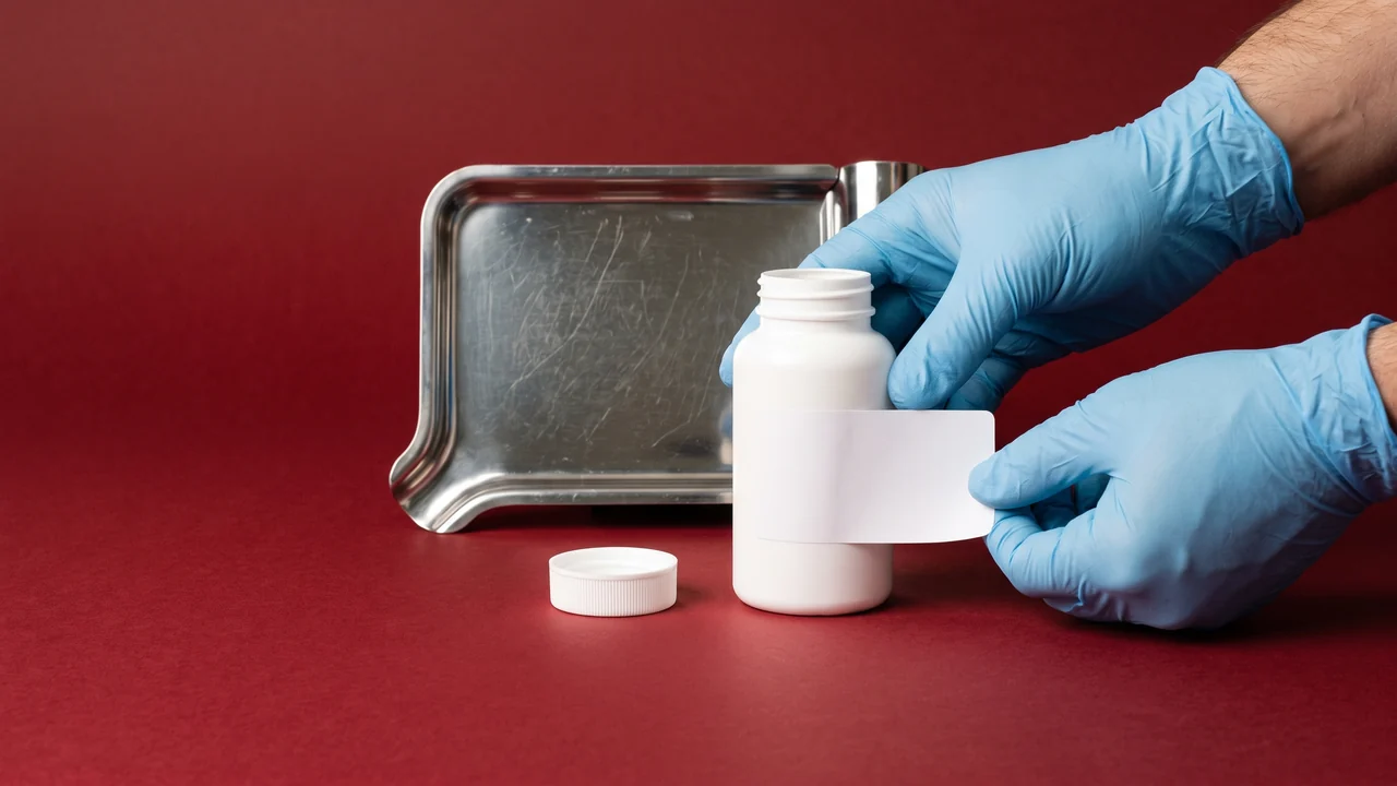 Gloved hands placing a blank label on an unlabelled white bottle, a steel tray behind, on oxblood paper
