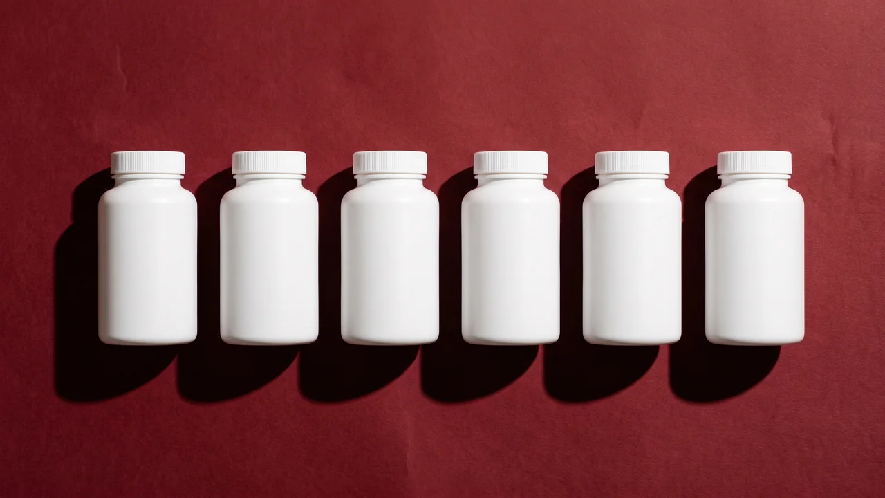 Six identical unlabelled white bottles in one even row on oxblood paper, six identical shadows